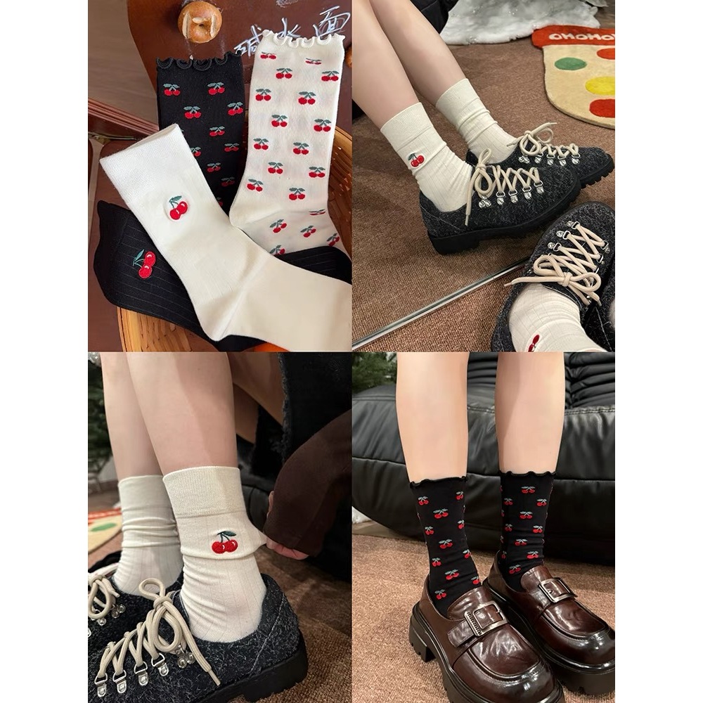 ปักเชอร์รี่น่ารัก ขอบหวาน มอริเซ่ ซีรีส์ โลลิต้า ผ้าฝ้ายแท้ สบาย ระบายอากาศ ถุงเท้ากลางหลอด ผู้หญิง