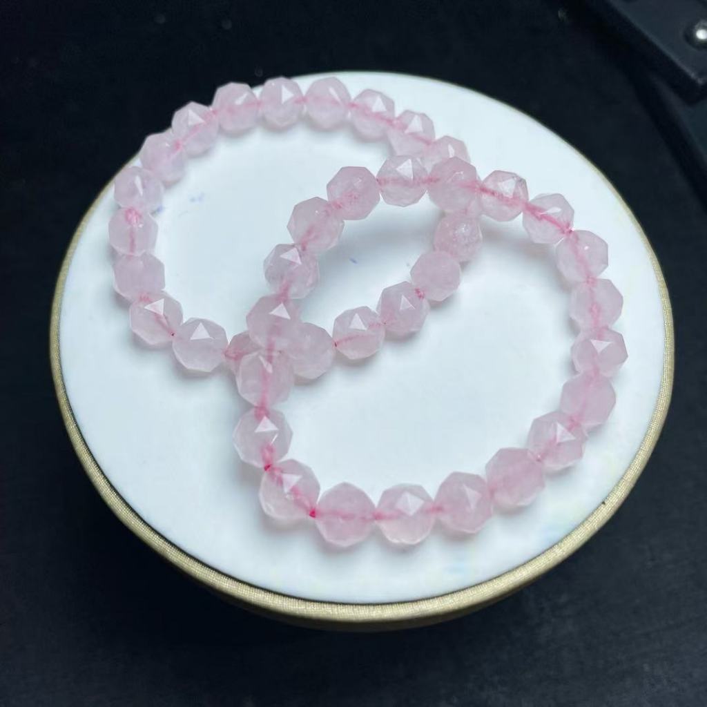 คริสตัลสีชมพูธรรมชาติ Faceted แหวนเดี่ยวสร้อยข้อมือประมาณ 9 มม.แกะสลักชิ้นเครื่องประดับน่ารัก Hand-Made เครื่องประดับ diy อุปกรณ์เสริม Simple All-Match ของขวัญ