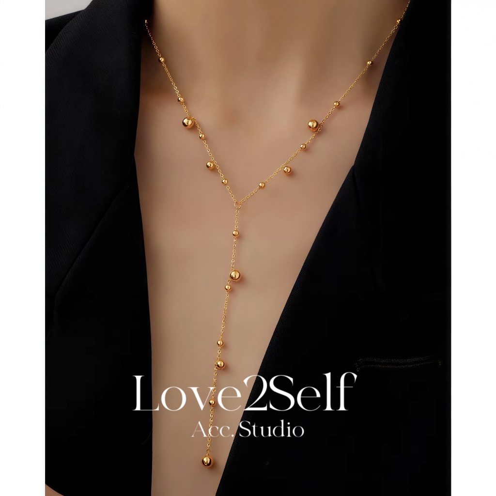 Love2Self X069 สแตนเลสยาวพู่ Gold Balls สร้อยคอ Non Tarnished ผู้หญิงเสื้อกันหนาวสร้อยคอ 18K Gold Pl