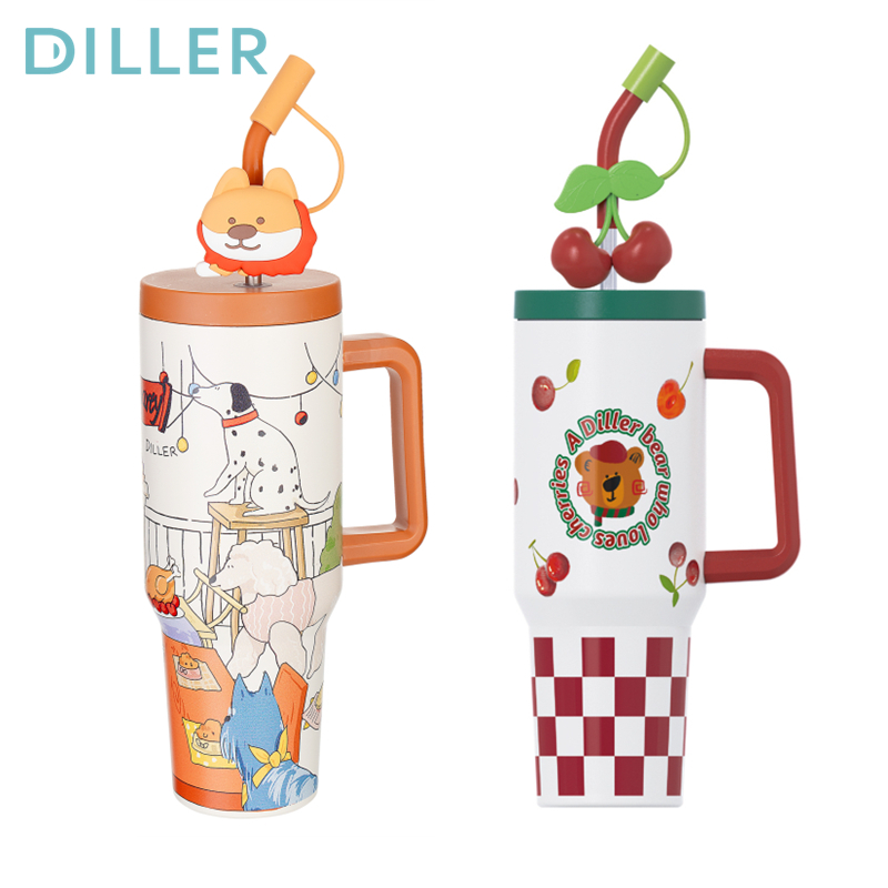 Diller แก้วน้ําขนาดใหญ่แก้วเก็บความร้อนพร้อมที่จับและฟางสแตนเลสสูญญากาศฉนวนถ้วยกาแฟเดินทางสุนัขขวดน้ําขนาดใหญ่ 1200ml MLH9222