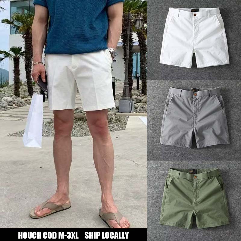 Houch พร้อมส่ง COD กางเกงขาสั้น ผู้ชาย เอวยืด ผ้ายืด คอตต้อน สีพื้น ยาว 17-21.5 นิ้ว ไซส์ 28-42