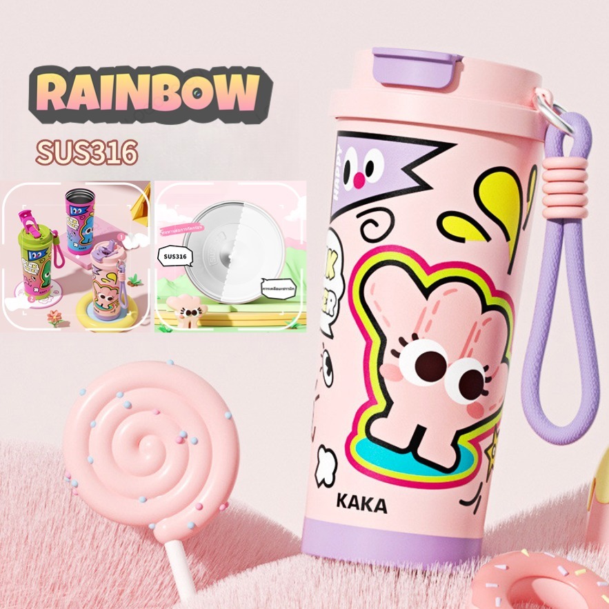 RAINBOW CUP แก้วกาแฟ แก้วน้ํา แก้วเก็บความร้อน รูปแบบการ์ตูนวาดเส้นโดพามีน สแตนเลส 316 500ml