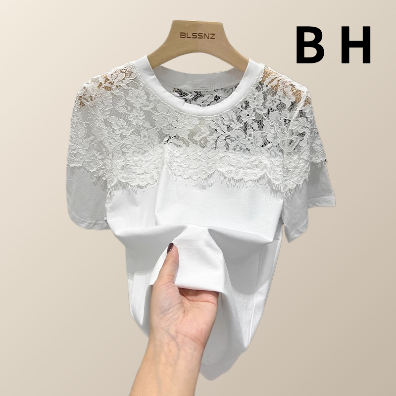 BH ฤดูร้อนผู้หญิงผ้าฝ้ายลูกไม้ Patchwork เสื้อยืดแขนสั้นรอบคอสไตล์ Fit