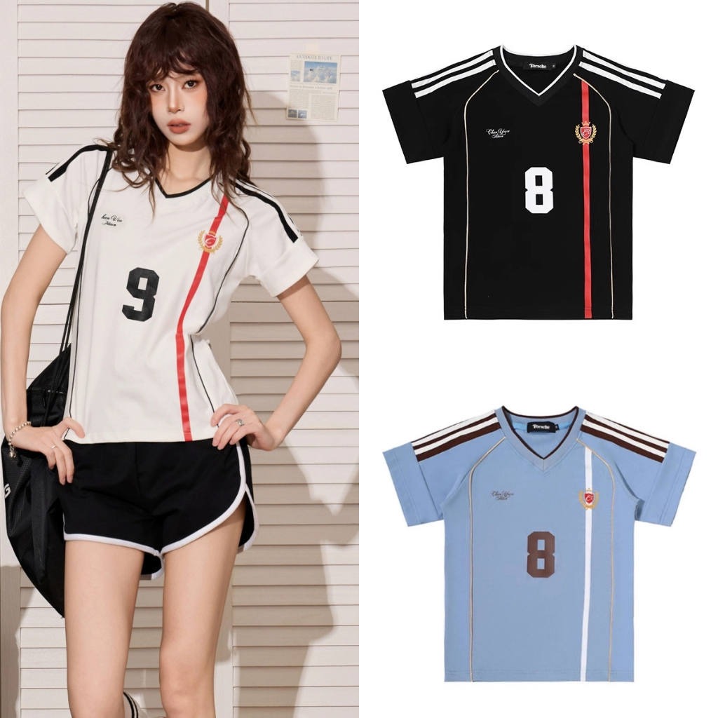 Babytee สไตล์เกาหลี Y2K Crop Tops V คอSlim เสื้อยืด American Retro สั้น กีฬา JERSEY GIRL FRIEND MIX Street Wear สำหรับสาวแนวโน้มร้อนปี 2025