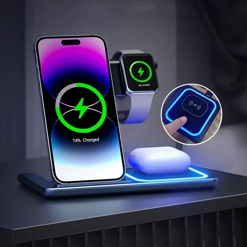 15W LED Fast Wireless Charger 3 ใน 1 สถานีชาร์จแบบพับได้สําหรับ iPhone 16 15 14 13 12 11 Apple Watch 9 8 7 6 5 Airpods Pro/3