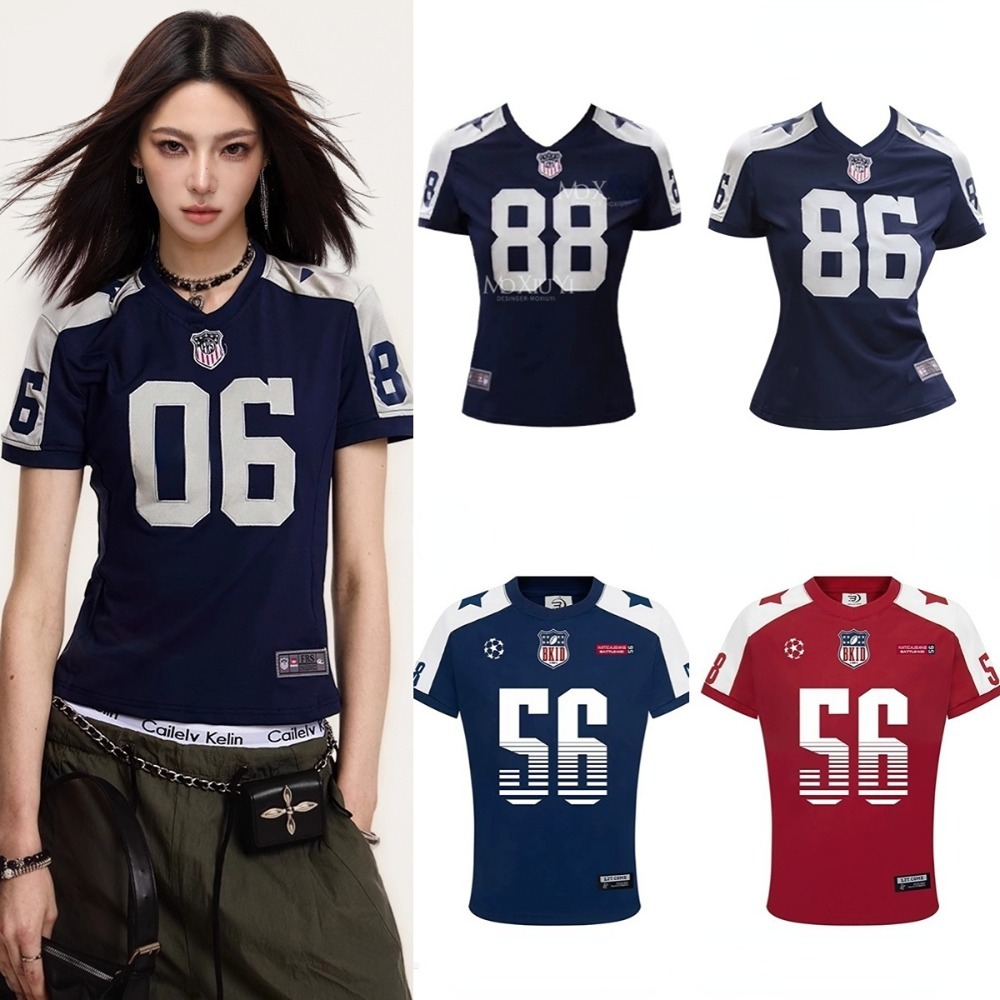 Babytee สไตล์เกาหลี Y2K Crop Tops สําหรับผู้หญิง V คอ Slim เสื้อยืด NO.88/86 อเมริกันย้อนยุคสั้นกีฬา