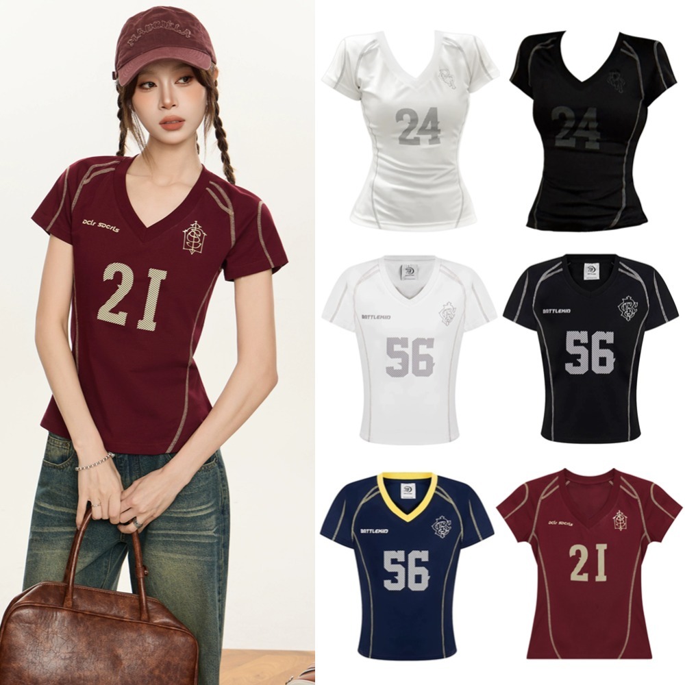 Babytee สไตล์เกาหลี Y2K Crop Tops สําหรับผู้หญิwoman V คอSlimเสื้อยืดNO.24/56 อเมริกันย้อนยุคสั้นกีฬาJERSEYGIRLFRIENDMIXStreetสวมใส่สําหรับสาวแนวโน้มร้อน2025