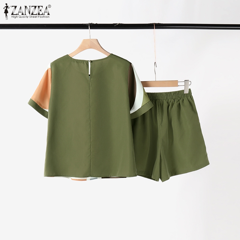 Zanzea ผู้หญิงเกาหลีหรูหราเรียบง่ายคอลูกเรือแขนสั้นเอวยางยืดเสื้อและกางเกงขาสั้น — صورة 8