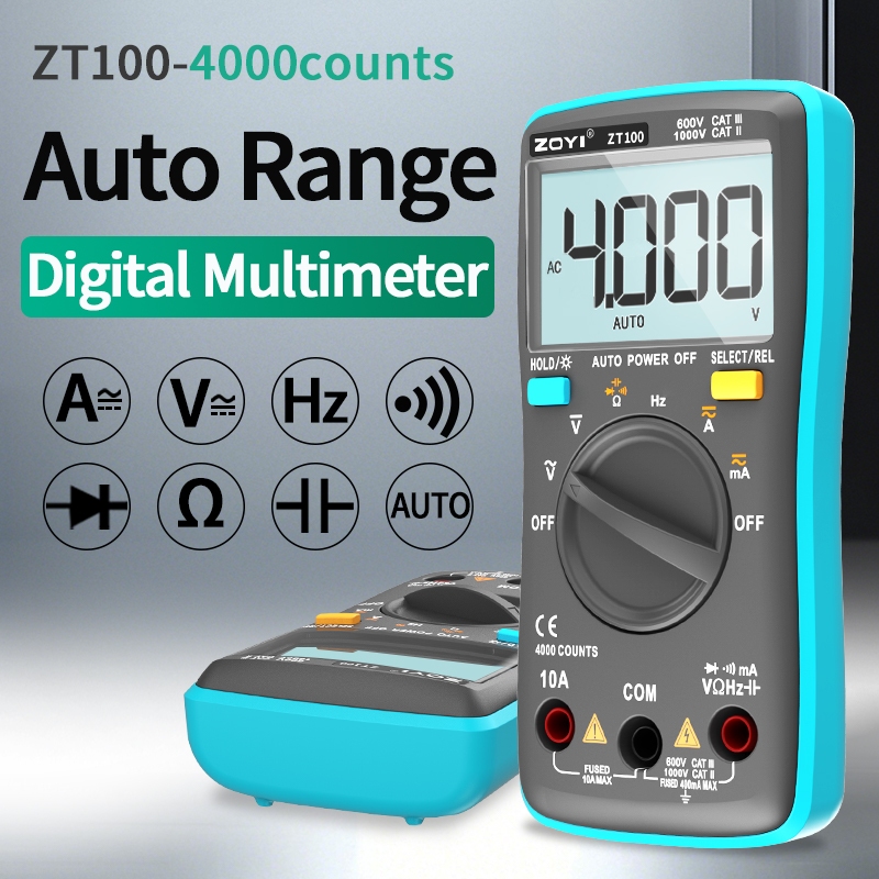 Zoyi ZT-100 4000 นับดิจิตอลมัลติมิเตอร์อัตโนมัติช่วงความแม่นยำสูง AC / DC ไดโอดเมตร