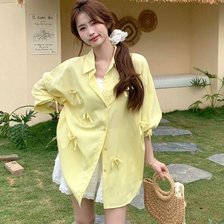 Laterme เสื้อเชิ้ตแขนยาว ประดับโบว์ ทรงหลวม สไตล์ใหม่ ผู้หญิง