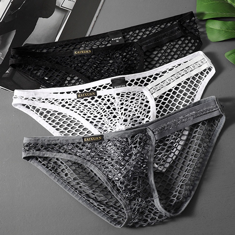 ชุดชั้นในชายตาข่ายกางเกงเซ็กซี่ระบายอากาศเอวต่ํามุมมองกางเกงผู้ชาย