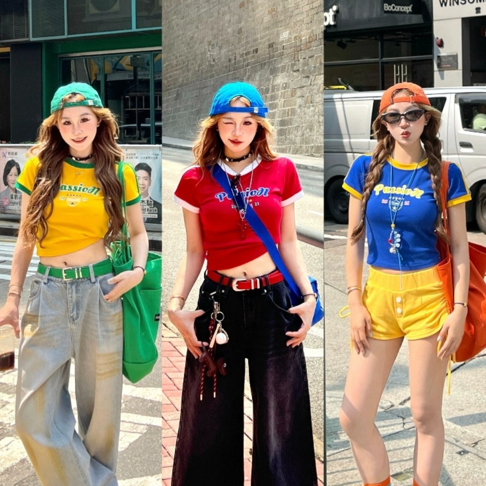 Babytee สไตล์เกาหลี Y2K Crop Tops สําหรับผู้หญิงฤดูร้อน Dopamine รอบคอ Slim เสื้อยืด American Retro สั้นกีฬา JERSEY GIRL FRIEND MIX Streetwear สำหรับสาวตามเทรนด์ปี 2025