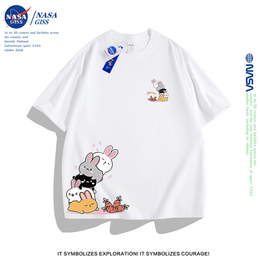 NASA เสื้อยืดหญิงชาย แนวสตรีท แขนสั้น เสื้อ summer ฝูงกระต่ายพิมพ์ลาย 100% Cotton t-shirt คอกลม ทรงหลวม ระบายอากา