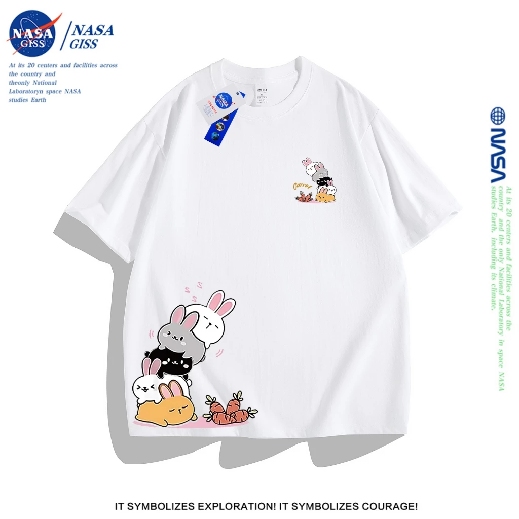 NASA เสื้อยืดหญิงชาย แนวสตรีท แขนสั้น เสื้อ summer ฝูงกระต่ายพิมพ์ลาย 100% Cotton t-shirt คอกลม ทรงหลวม ระบายอากา