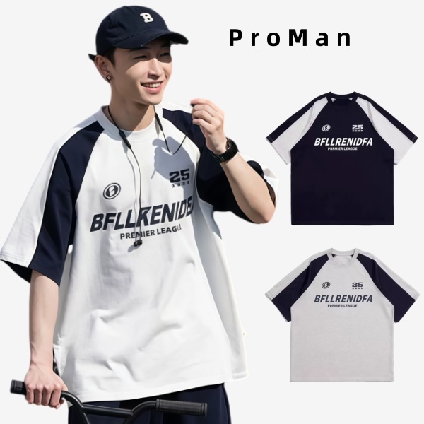 ⚡ProMan⚡แขนสั้นพิมพ์ลายผู้ชาย คอกลม สีต่อ รุ่นเดียวกันทั้งชายและหญิง oversize