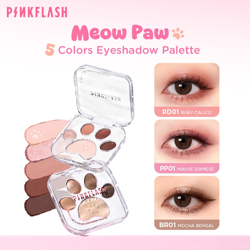 【ใหม่】PINKFLASH Meow Paw 5 สีอายแชโดว์ Palette High Pigmented Blendable Smooth Delicate Powder Long Wear
