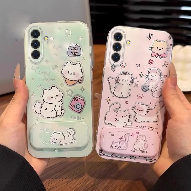 สําหรับ samsung s23 ultra samsung s23 plus samsung s23 FE 5g เคสโทรศัพท์ Softcase ซิลิโคนกันกระแทก ProtectorClear Cover ดีไซน์ใหม่ความงาม CARTOON CAT พร้อมที่วาง TKYYMZJ01