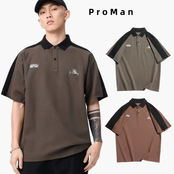 ⚡ProMan⚡เสื้อโปโลผู้ชาย  วาฟเฟิลด์  การเย็บสี  กีฬา   แบบหลวม