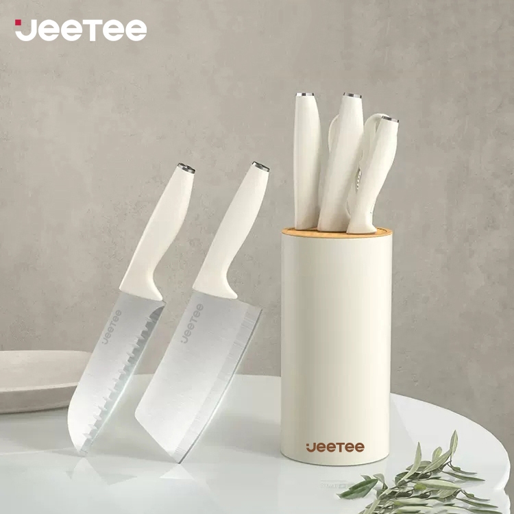 JEETEE 5PCS ชุดมีดทำครัว มีดเหล็กคาร์บอนสูง ชุดเครื่องครัว มีดหั่นเนื้อ+มีดทำครัว+มีดผลไม้+กรรไกร+ที่ใส่มีดสีขาวแบบหนา