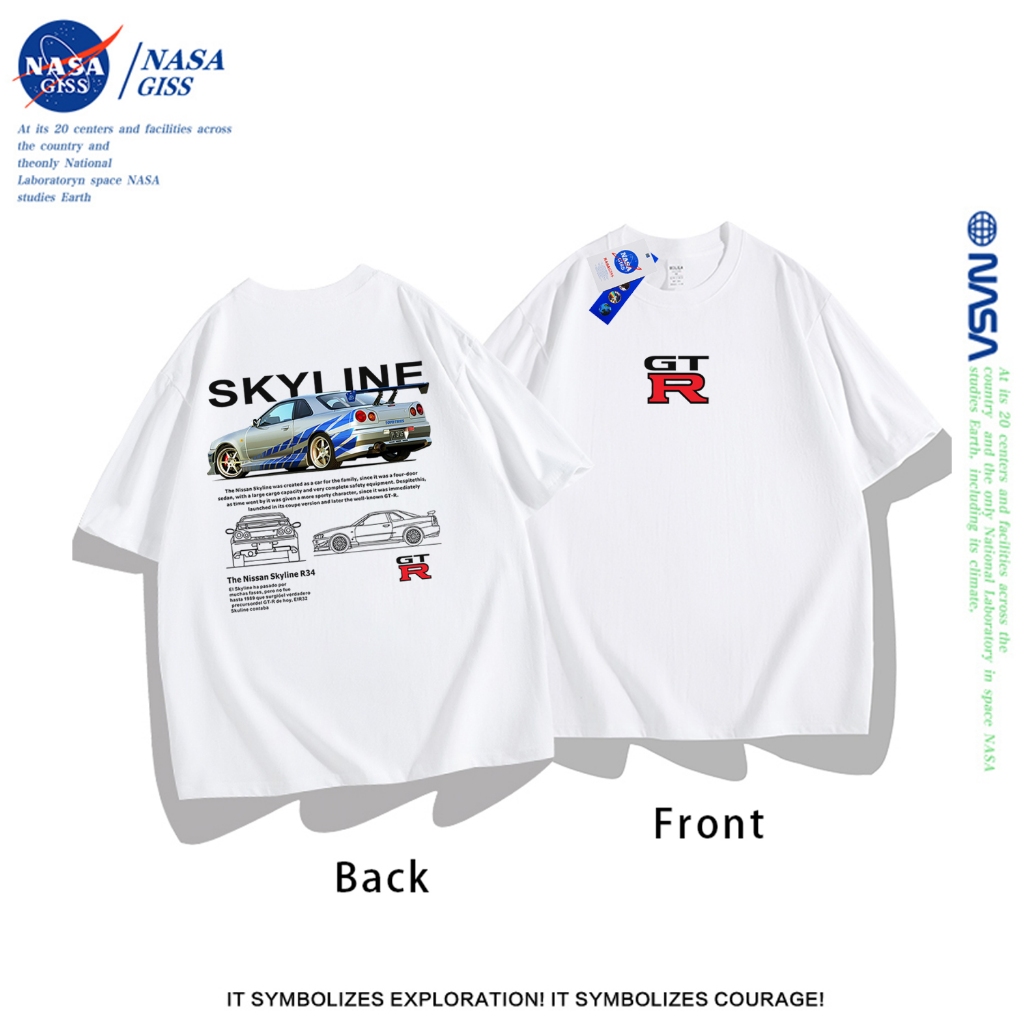 NASA เสื้อยืดคอกลมแขนสั้น การแข่งขันGT-R พิมพ์ลาย เสื้อยืด cotton ทรงหลวม ใส่ได้