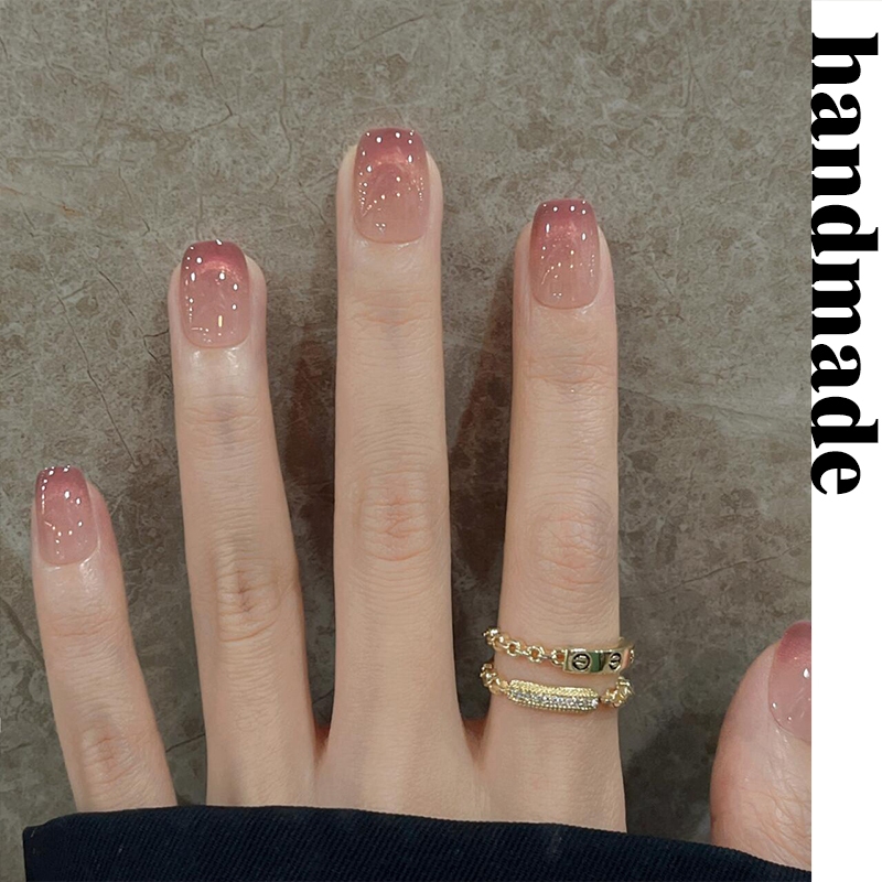 กดบนเล็บทําด้วยมือ [Star Rock Aurora] Nude Cats Eye French Commuter Temperament Gentle High-End Whitening Medium-Length Pure handmade Wear เล็บปลอม