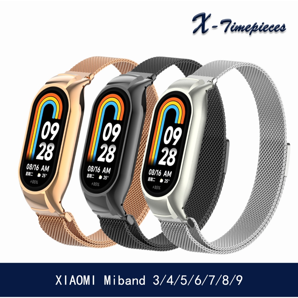 สายรัดสําหรับ Xiaomi Mi Band 10/9/8/7/6/5/4/3 & MiBand 9/8 Active & MiBand 10/9/8 pro,Magnetic Metel Milanese สร้อยข้อมือสแตนเลสไม่มีช่องว่างตาข่ายกันน้ํา
