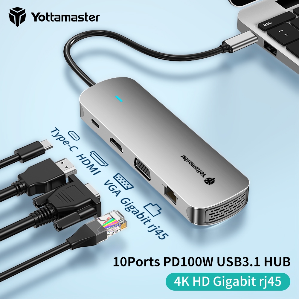 Yottamaster 10 in 1 USB C Hub 4K 60Hz ประเภท C ถึง HDMI VGA USB 3.0 อะแดปเตอร์ประเภท C Hub Dock RJ45 SD TF Card Reader PD 100W สําหรับ Macbook Pro Air โน้ตบุ๊ค USB C Splitter