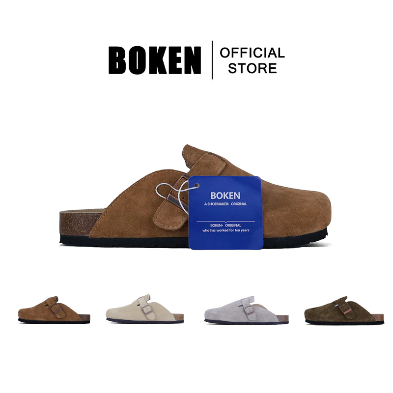 BOKEN รองเท้าแตะ Clogs Mules หนังนิ่มและ Cork Footbed สไตล์สไลด์สำหรับผู้หญิง