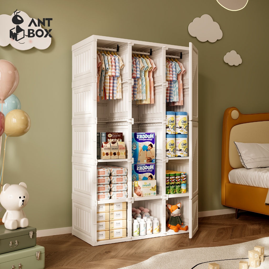 ANTBOX [พร้อมส่ง!!] ตู้เสื้อผ้าเด็ก ตู้เสื้อผ้าเอนกประสงค์  15 ช่อง 3 แขวน 890L ประตูสีขาวทึบ ติดตั้
