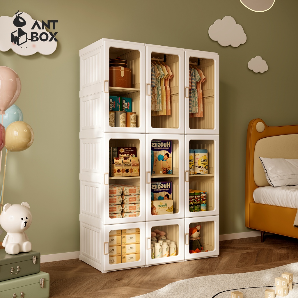 ANTBOX [พร้อมส่ง!! ]  ตู้เสื้อผ้าเด็ก ตู้เสื้อผ้า 15 ช่อง 2 แขวน 890L ประตูใสโปร่งแสงมองเห็นด้านในได