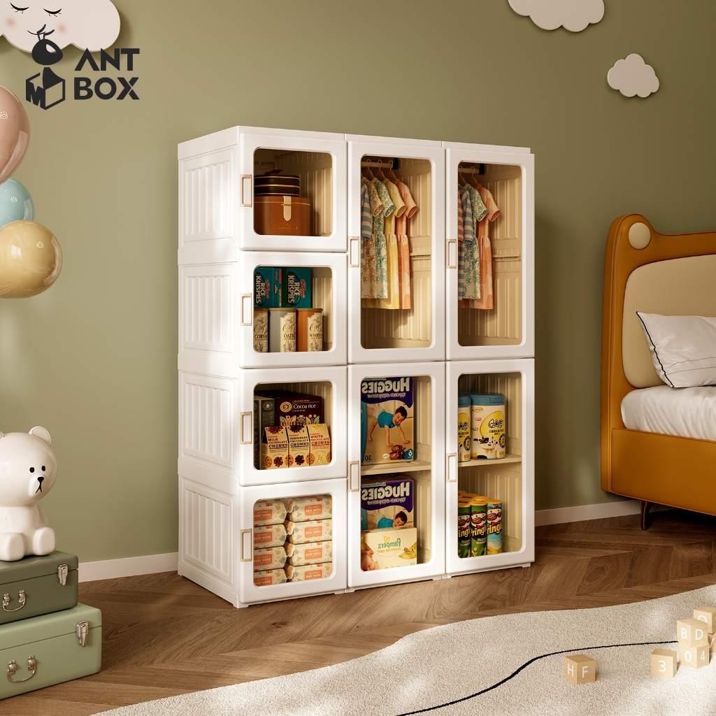 ANTBOX [พร้อมส่ง!! ] ตู้เสื้อผ้าเด็ก ตู้เสื้อผ้า 12 ช่อง 2 แขวน 710L ประตูใสโปร่งแสงมองเห็นด้านในได้