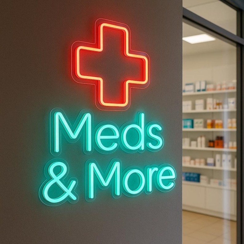 ป้ายนีออน Led Pharmacy. เปิดไฟนีออน 24/7, Meds และอื่นๆ, Pills and Care, Wellness Inside.สําหรับตกแต่งผนังร้านขายยาตกแต่งร้าน