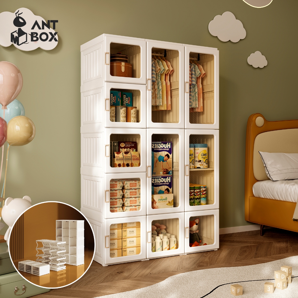 ANTBOX [พร้อมส่ง!!] ตู้เสื้อผ้าเด็ก 6-15 ช่อง 1-3 แขวน ประตูใสโปร่งแสงมองเห็นด้านในได้ เหมาะกับการแต