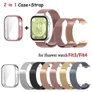 สาย Milanese + เคสสําหรับ Huawei Watch Fit 3 4/ Fit3 Fit4 Pro สแตนเลสเปลี่ยนสร้อยข้อมือห่วงแม่เหล็ก 2 IN 1 สมาร์ทสายรัดข้อมือกรณี TPU เต็มรูปแบบ