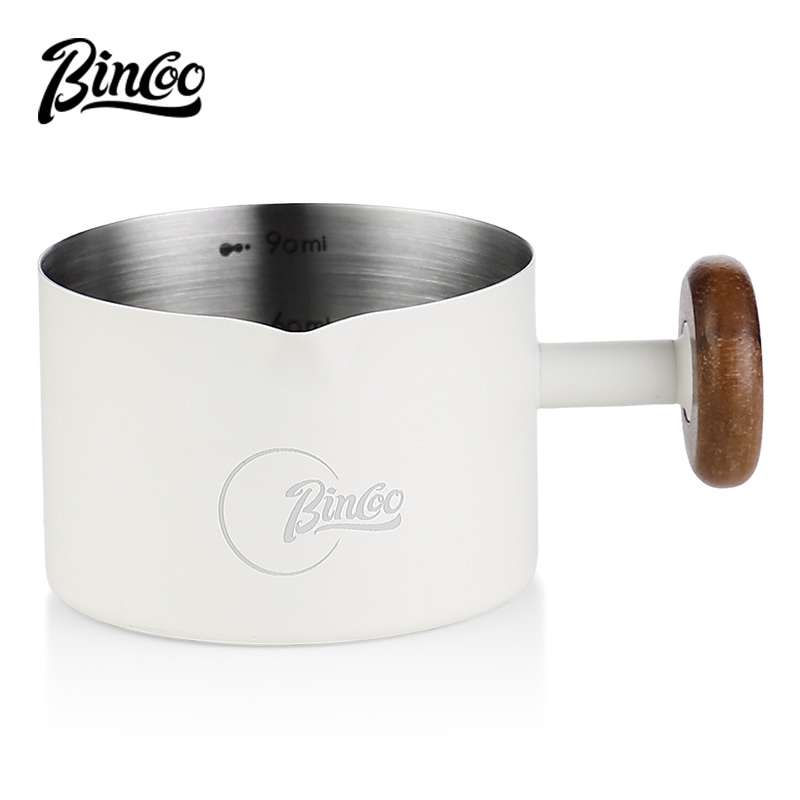 BINCOO ด้ามไม้กาแฟถ้วยตวงสแตนเลสเอสเปรสโซครีมขนาดเล็กพร้อมถ้วยสกัดขนาดอุปกรณ์เสริมเครื่องชงกาแฟ 100M