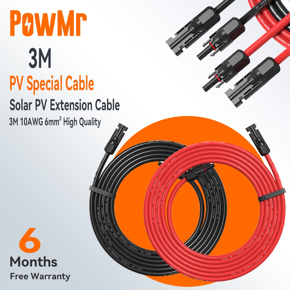 PowMr MC4X6 6mm2 0.5M/1M/3M สีดํา/สีแดง 10AWG Solar Panel Connection Cable ระบบโซลาร์เซลล์สายไฟ Tuv 