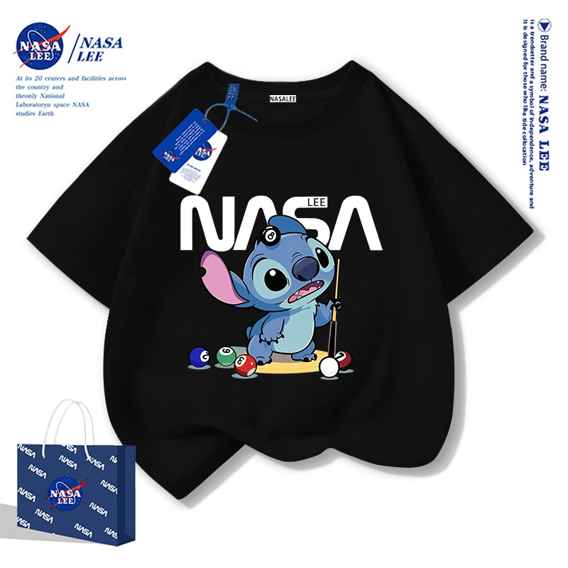 【สินค้าพร้อมส่ง×จัดส่งภายใน 3 วัน】เสื้อยืดเด็ก NASA ผ้าฝ้ายสีดำ ลายสติทช์ (Stitch) แฟชั่นสไตล์เท่ สำหรับเด็กชาย-หญิง