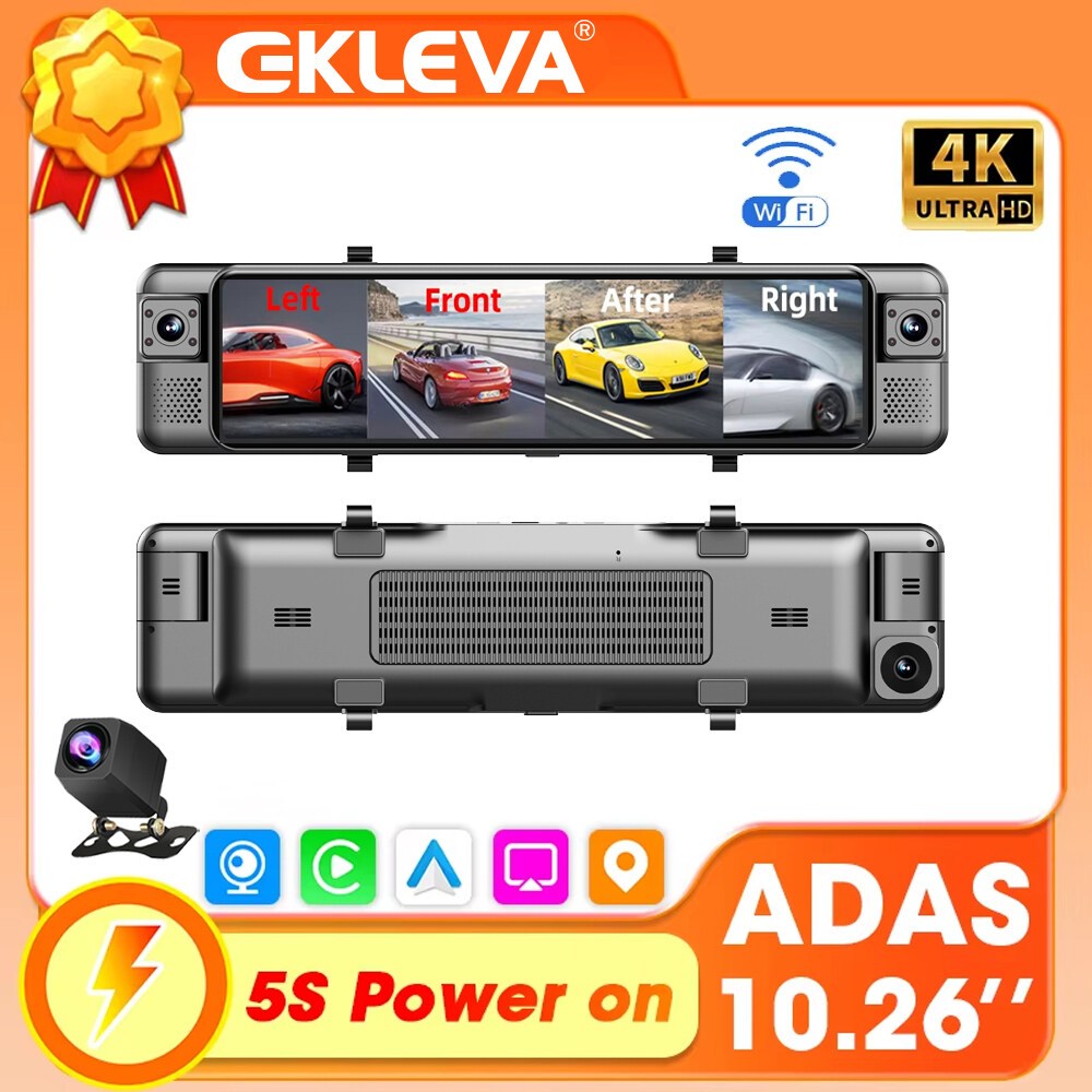 EKLEVA 4CH Dash Cam 11 นิ้ว 4K + 1K + 1K WIFI กระจกมองหลัง 4 กล้องบันทึกวิดีโอรถ DVR ADAS BSD Night 