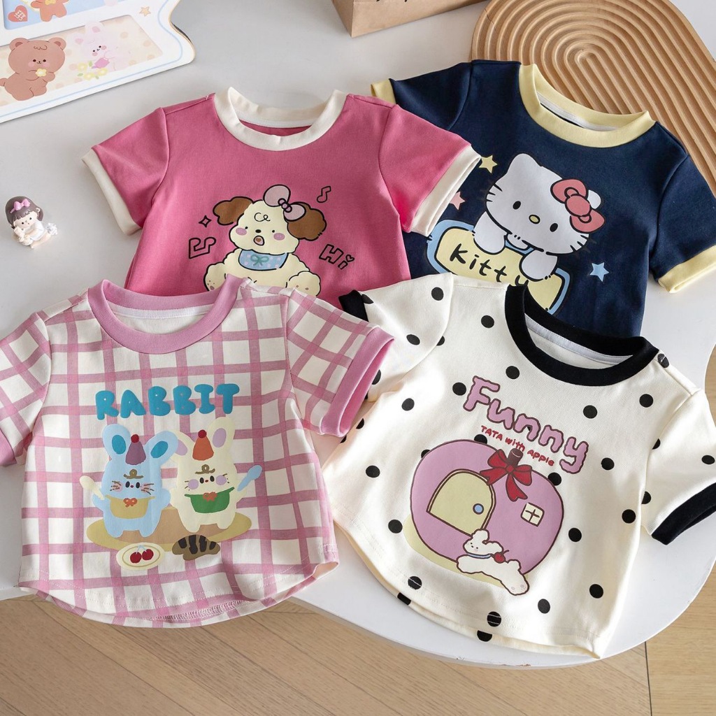 ฤดูร้อนสไตล์ใหม่การ์ตูนแฟชั่นสาวน่ารักเด็กลายจุดลายสก๊อตคมชัดเย็บเสื้อยืดแขนสั้นด้านบน