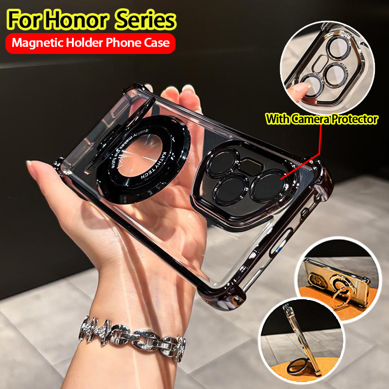เคส Honor 400 200 Pro เคส Honor 400 X7D X7C Case 200 5G 400 Lite เคส Honor 200 Smart กันกระแทกวุ้นใสใสพร้อมตัวป้องกันเลนส์กล้อง ขาตั้งตัวยึดแม่เหล็ก ถุงลมนิรภัยหนา หรูหรา ไฟฟ้าสไตล์ธุรกิจ ฝาครอบโทรศัพท์