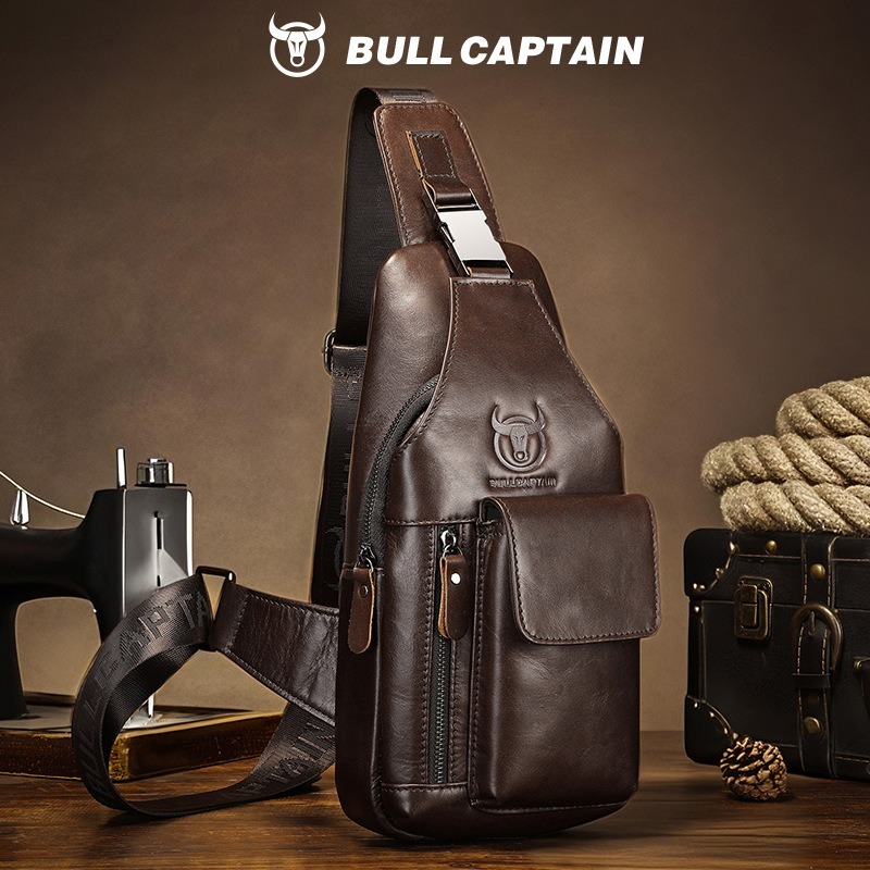 BULLCAPTAIN 8 นิ้วผู้ชายกระเป๋าสะพายหนัง Retro Business Crossbody Bag ความจุขนาดใหญ่แฟชั่นลําลอง