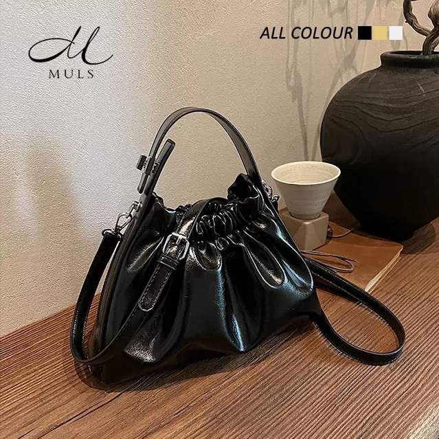 MULS กระเป๋าถือเมฆจีบครีมสีขาวนมเนื้อสีเหลืองหนังนุ่มกระเป๋าแฟชั่นทุกการแข่งขัน#B03