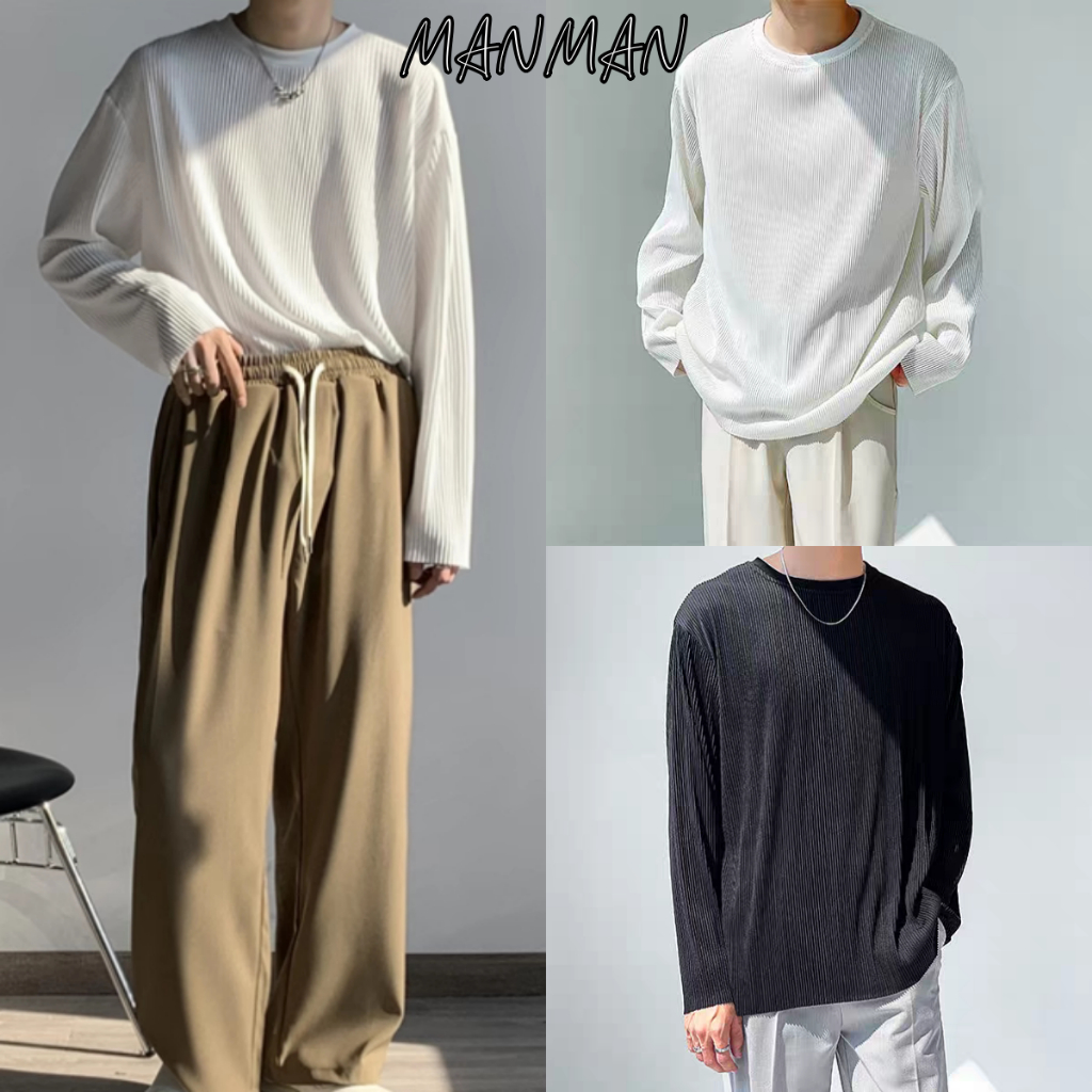 M＆M เสื้อยืดแขนยาว สีล้วน หลวมใส่สบาย แห้งเร็วระบายอากาศ แฟชั่นเรียบง่าย