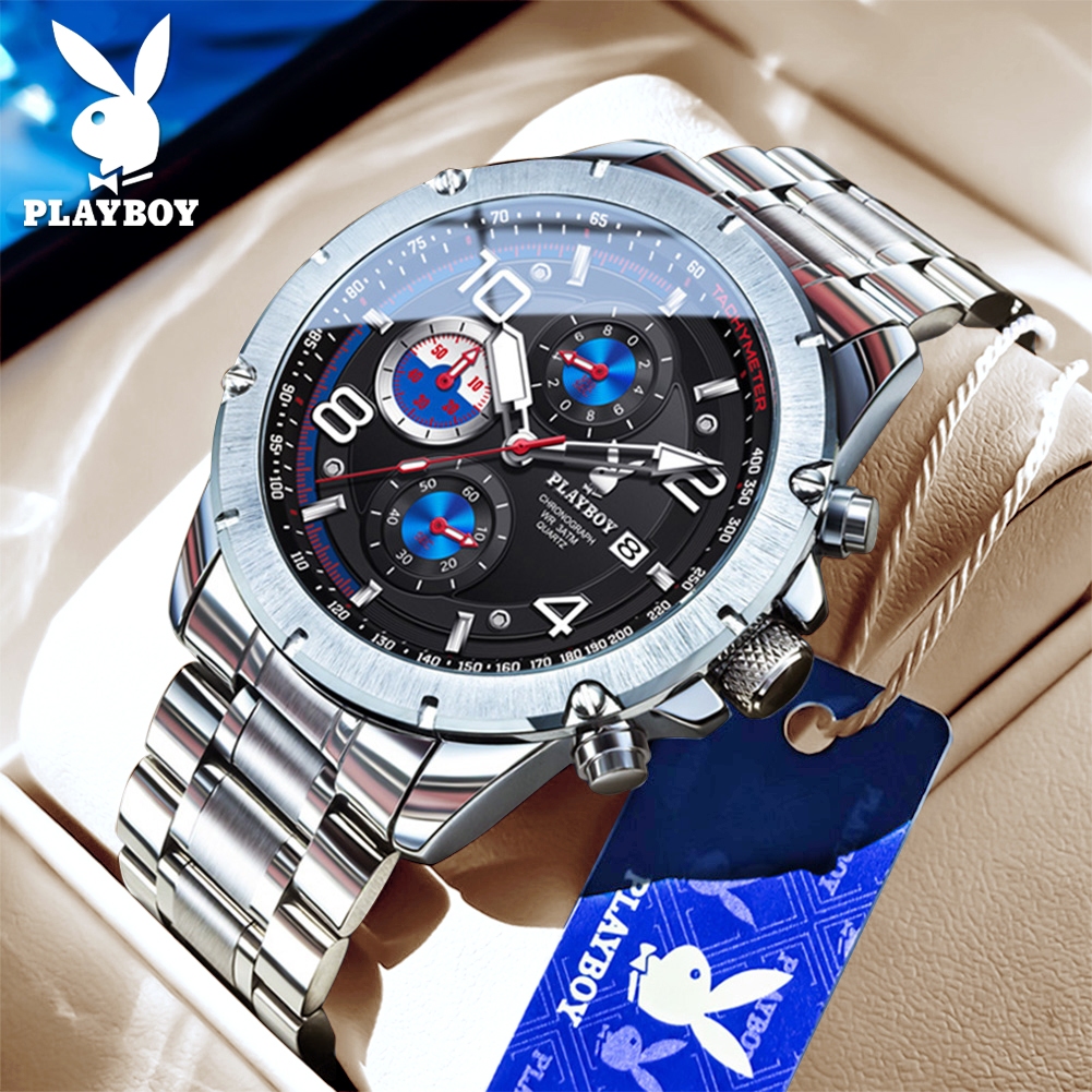PLAYBOY นาฬิกาผู้ชาย กันน้ำได้ 100% ยี่ห้อเดิม นาฬิกาข้อมือผู้ชาย สเตนเลส นาฬิกาชาย สีดำ 3509