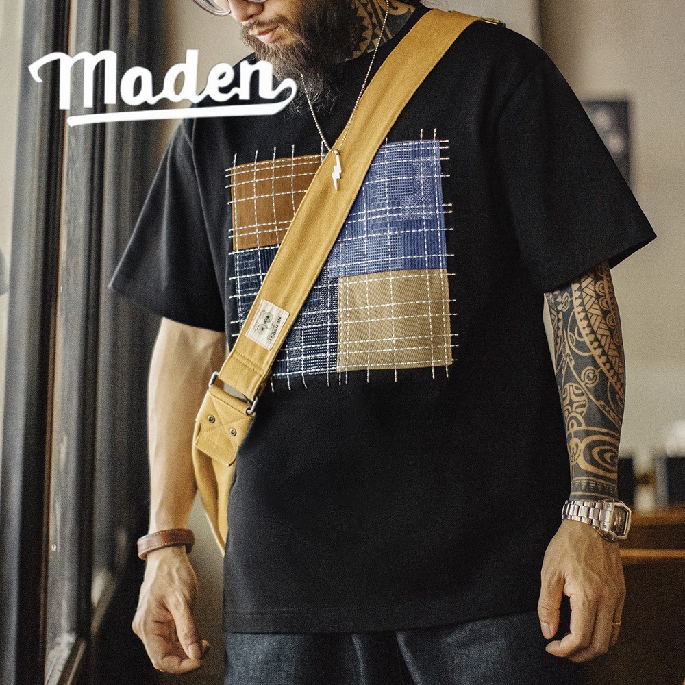 อาหาร ยี่ห้อ 2025 ใหม่ เสื้อยืดแขนสั้นตัดปะแบบย้อนยุค ผ้าฝ้ายแท้ญี่ปุ่น ลายไม้ไผ่ สำหรับผู้ชายฤดูร้อน