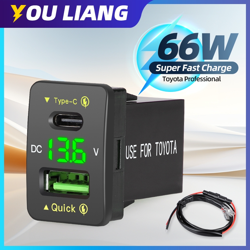 66W USB PD & QC3.0 โทรศัพท์มือถือ Fast Charge สําหรับ Toyota Type C ซ็อกเก็ต LED โวลต์มิเตอร์ 12V 24V รถ Charger อุปกรณ์เสริม