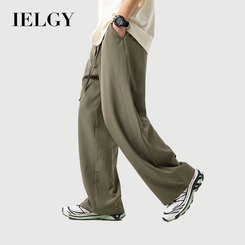IELGY ผ้าไหมน้ําแข็งกางเกงลําลองผู้ชายฤดูร้อนสไตล์ใหม่หลวมตรงสีทึบ ทั้งหมด-จับคู่ กางเกง