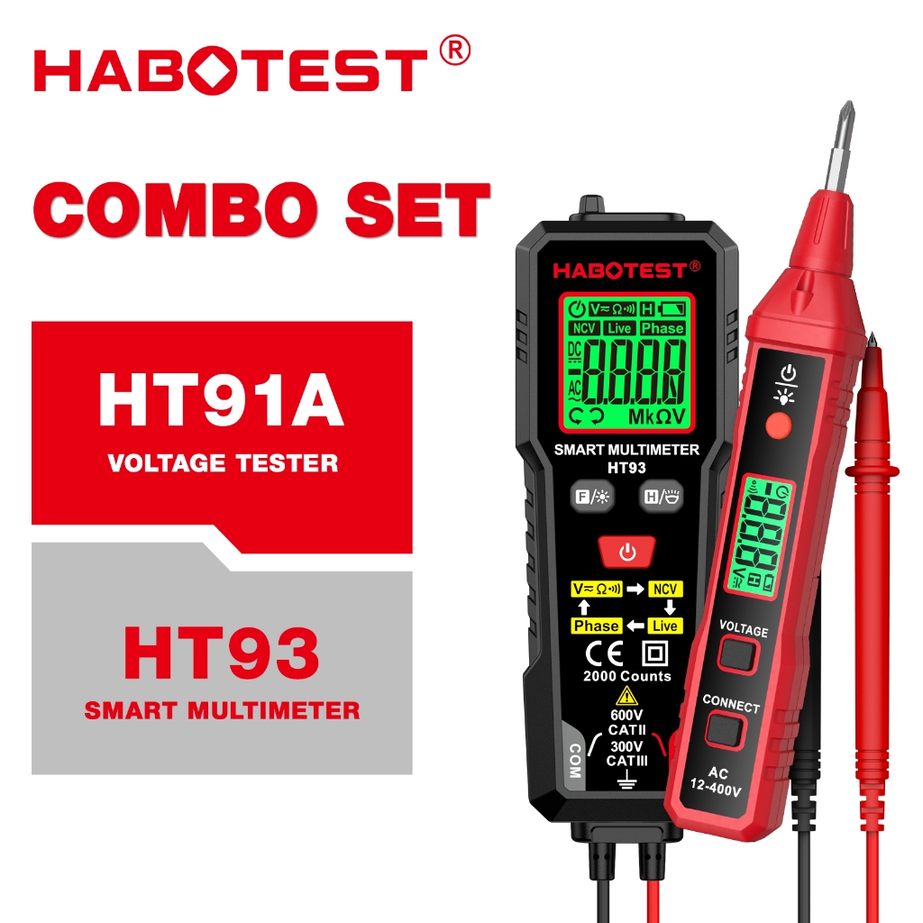 HABOTEST HT91A+HT93 มัลติมิเตอร์แบบดิจิตอล AC/DC Vottage Current เครื่องทดสอบอัตโนมัติ Ohm Ammeter ม