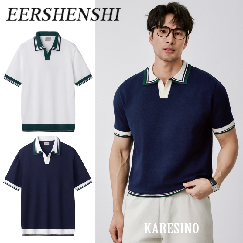EERSHENSHI เเสื้อโปโลถักสำหรับผู้ชาย ทรงสลิมฟิต สไตล์ลำลอง สำหรับฤดูร้อน