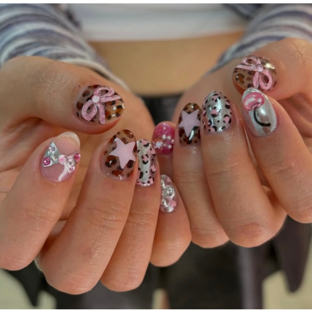 Pink Leopard Print Hand-Painted French Wear Nails ins Short Metal y2k Nails
